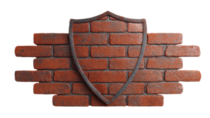Shield barrier protecting brick wall, representing data security, network defense, access control, and firewall concept