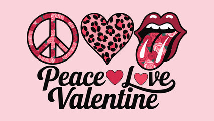 Retro style peace love and Valentine graphic featuring a peace sign leopard heart and rose tongue lips design