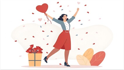 Happy Single Woman Celebrating Valentine&rsquo;s Day Illustration