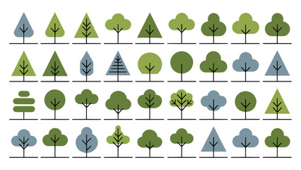 Collection of stylized minimalist vector icons representing various shapes and colors of trees for graphic design projects © Vectyx