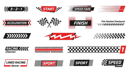 Dynamic racing banners and checkered flag elements for speed sports and automotive themes, perfect for event design and competition graphics