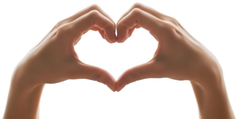 Smooth, pale human hands delicately forming a symmetrical heart shape with slightly curved fingers, presented against a , suggesting a gesture of love,, isolated on transparent background.