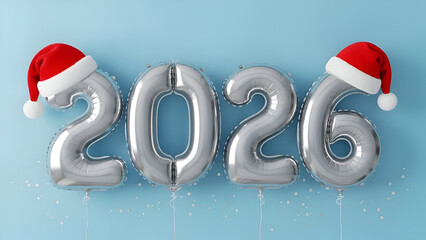 Happy new year 2026 celebration with silver balloons and santa hats