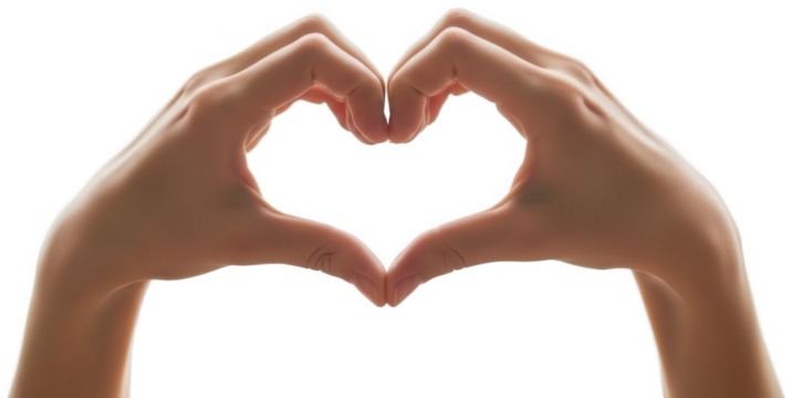 Smooth, pale human hands delicately forming a symmetrical heart shape with slightly curved fingers, presented against a , suggesting a gesture of love,, isolated on transparent background. - Powered by Adobe