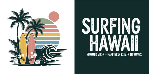 Retro sunset beach scene featuring two surfboards leaning against palm trees near a rolling ocean wave illustration © Vectyx