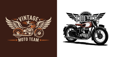 Obraz premium Collection of two distinct vintage and classic motorcycle logo designs featuring retro styling and winged emblems for apparel printing