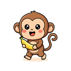 Obraz premium Happy Cute Baby Monkey Cartoon Character Carrying a Banana Walking Illustration