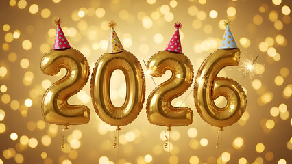 Happy new year 2026 celebration with gold balloons