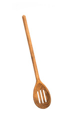 Wooden slotted spoon isolated on white background, natural kitchen utensil for cooking, serving, and food preparation.