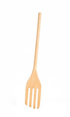 Wooden slotted spatula fork isolated on white background, minimalist kitchen utensil for cooking and serving food.