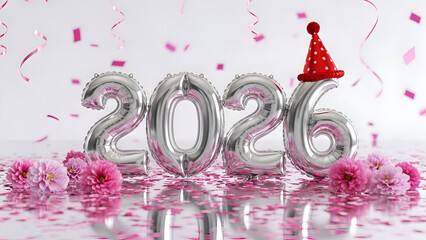 Happy new year 2026 celebration with balloons and confetti