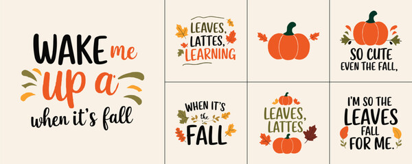 Collection of delightful fall themed typography designs featuring pumpkins leaves and cute seasonal sayings for decoration © Vectyx