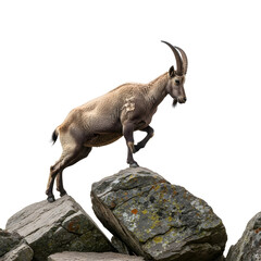 Ibex goat climbs steep rocky mountain in natural habitat