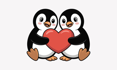 Obraz premium Two Cartoon Penguins Holding a Red Heart, Couple love
