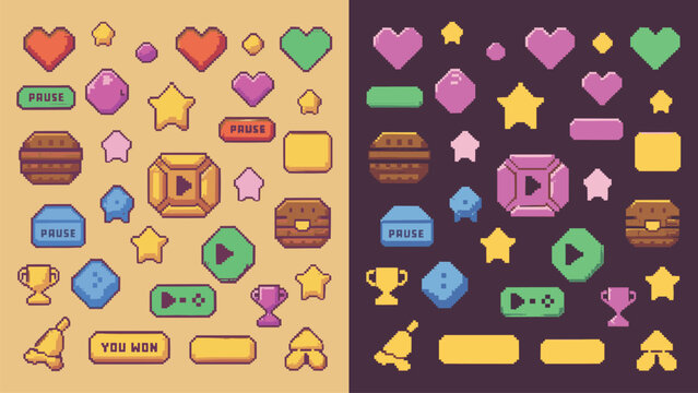 Collection of colorful pixel art game elements including hearts stars trophies and various interface buttons for retro video games