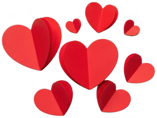 A vibrant collection of plush, velvety red heart shapes in varying sizes and orientations are playfully clustered together, exhibiting a soft, rounded form and a, isolated on transparent background.