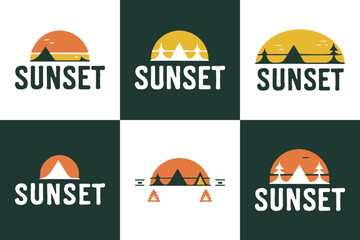 Collection of six distinct logo concepts featuring stylized mountain ranges illuminated by a setting sun graphic design elements