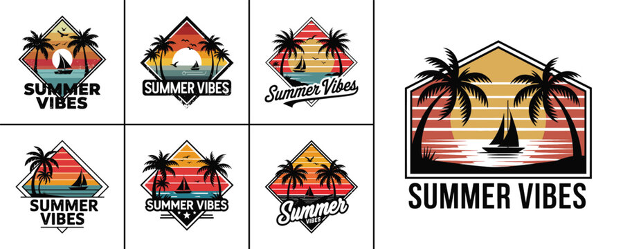 Collection of vintage retro sunset beach vector logo designs featuring palm trees sailboats and tropical summer vibes text elements