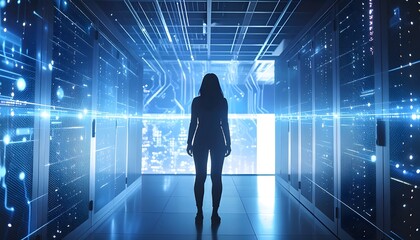 A lone figure explores a futuristic digital data server room