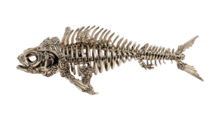 Steampunk mechanical fish skeleton art made from metallic silver, an intricate design showcasing ancient marine life on transparent background