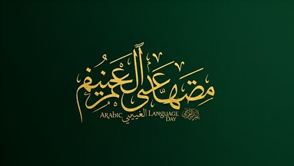 Elegant golden Arabic calligraphy shines, celebrating language day against a dark green background.