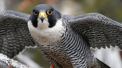 Majestic raptor bird displays patterned plumage and intense gaze while perched
