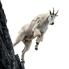 Mountain goat jumping off cliff side view in its natural habitat