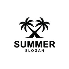 Fototapeta premium Summer Slogan: A minimalist logo featuring two crossed palm trees in silhouette, the word SUMMER prominently displayed underneath, and a tagline or slogan suggesting a sense of ease.
