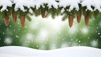 Snowy pine cones hanging from branches on a winter landscape