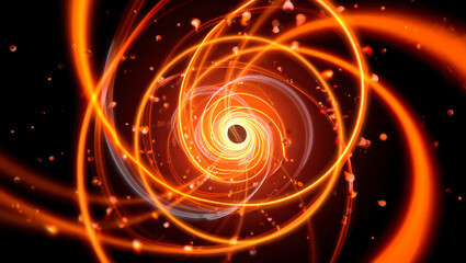 Abstract swirling energy and light particles in a fiery vortex on black background