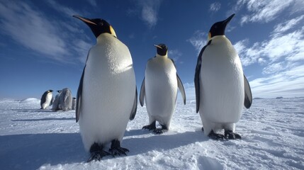Obraz premium Group of large flightless aquatic birds standing on a vast snowy expanse under a bright blue sky