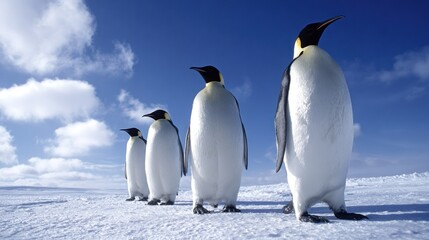 Four emperor penguins stand prominently upon a vast expanse of snow under a bright blue sky