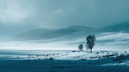 Serene Winter Landscape with Snowy Fields and Bare Trees