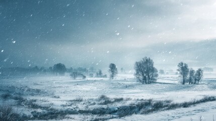 Snowy Landscape with Trees and Blowing Snow in Winter Storm
