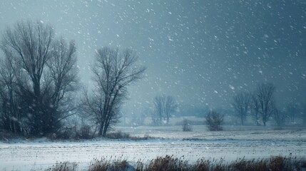 Winter Landscape with Falling Snowflakes in Calm Rural Setting