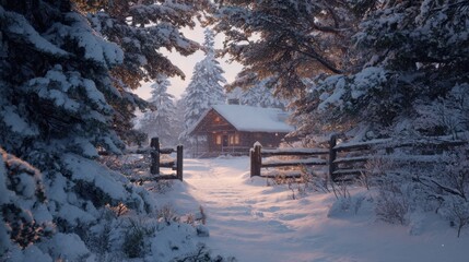 Cozy Winter Cabin Surrounded by Snowy Pine Trees at Dusk