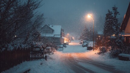 Snowy Neighborhood Street at Night with Warm Street Lights Glowing
