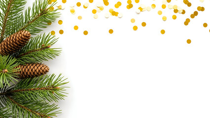 Christmas tree branches with pine cones and gold confetti
