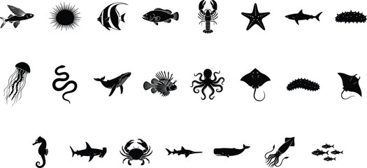 Set of marine life silhouettes, ocean animal vector illustration collection, sea creature icons, hammerhead shark lionfish crab symbols, underwater wildlife, isolated black designs © MstRuna