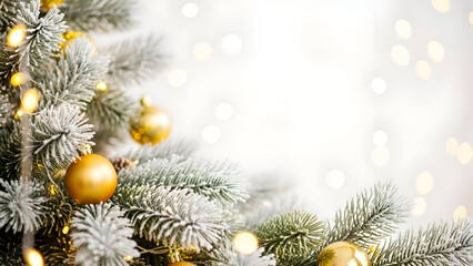 Beautiful christmas tree with golden ornaments and lights