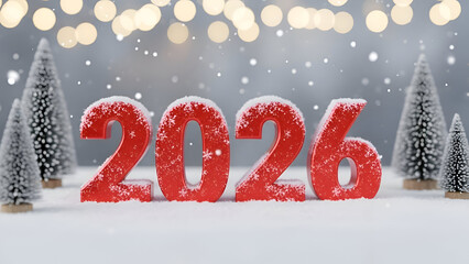 Happy new year 2026 celebration with snowy trees