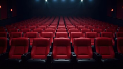 Fototapeta premium Empty movie theater with red seats and glowing blank screen, concept of entertainment industry, film festivals