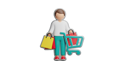 3D Icon of a Person with Shopping Bags and a Cart