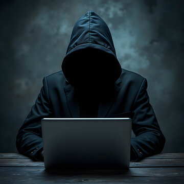 hacker with laptop. Anonymous Hacker Working on a Laptop in the Dark. Cybersecurity Threat and Online Crime Concept. The Dark Side of Technology: Data Breach and Hacking