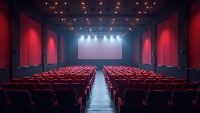 Empty movie theater with red seats and glowing blank screen, concept of entertainment industry, film festivals