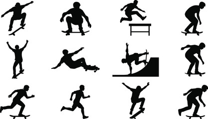 Set of skateboarder silhouettes, active man jumping and running, parkour vector illustration collection, extreme sport tricks, urban youth culture symbols, isolated figures © MstRuna