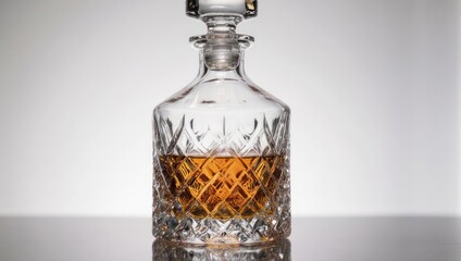 Elegant Crystal Decanter Filled with Amber Liquor on Reflective Surface.