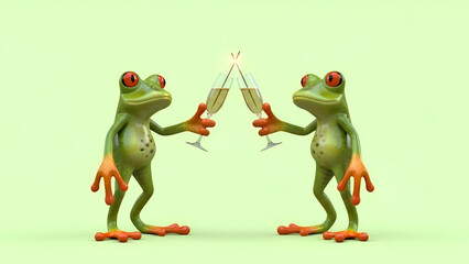 Two frogs celebrating with champagne flutes