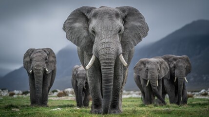 Obraz premium Group of African elephants stands attentively in a grassy landscape with distant mountains under an overcast sky