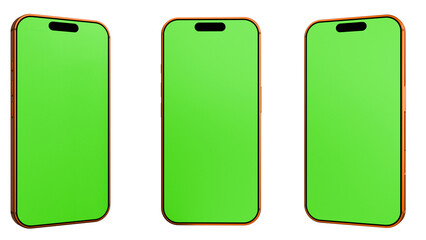 3D Smartphone Mockup with Green Screen Display from Multiple Angles on White Background